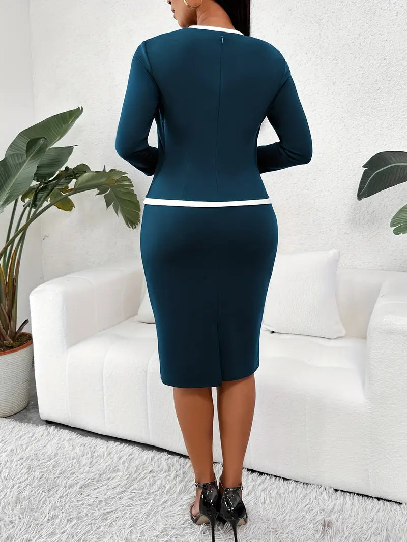2-in-1 Contrast Trim Bodycon Dress – Elegant Long Sleeve Office & Formal Midi Dress for Modern Women