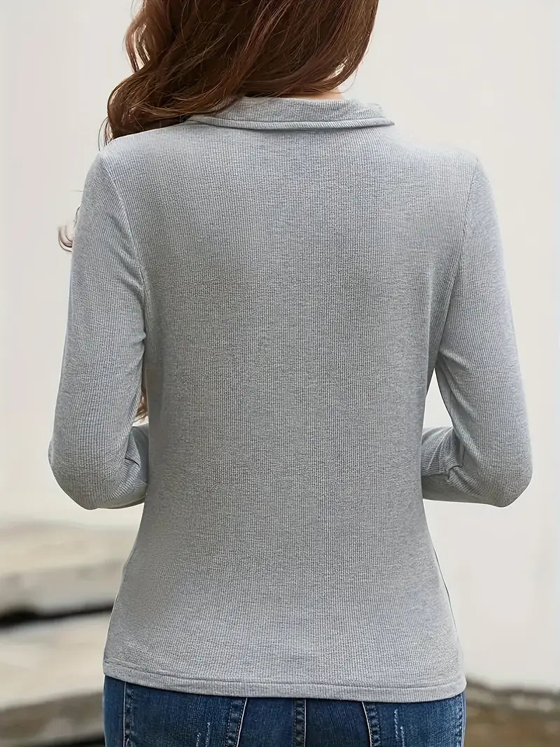 Solid-Color Zipper Knit Polyester Top — Spring/Summer Regular-Length