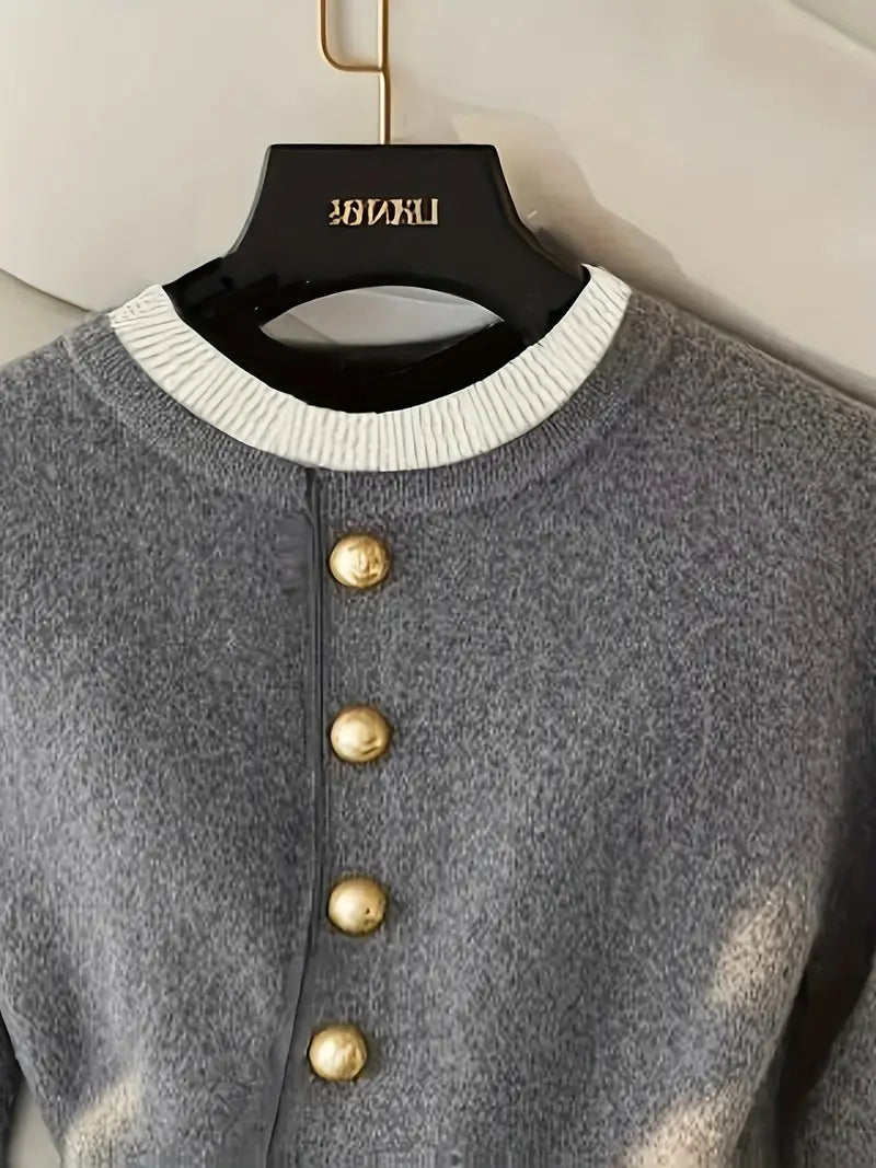 Women’s Elegant Beige Sweater – Soft Round Neck Pullover with Button Detailing