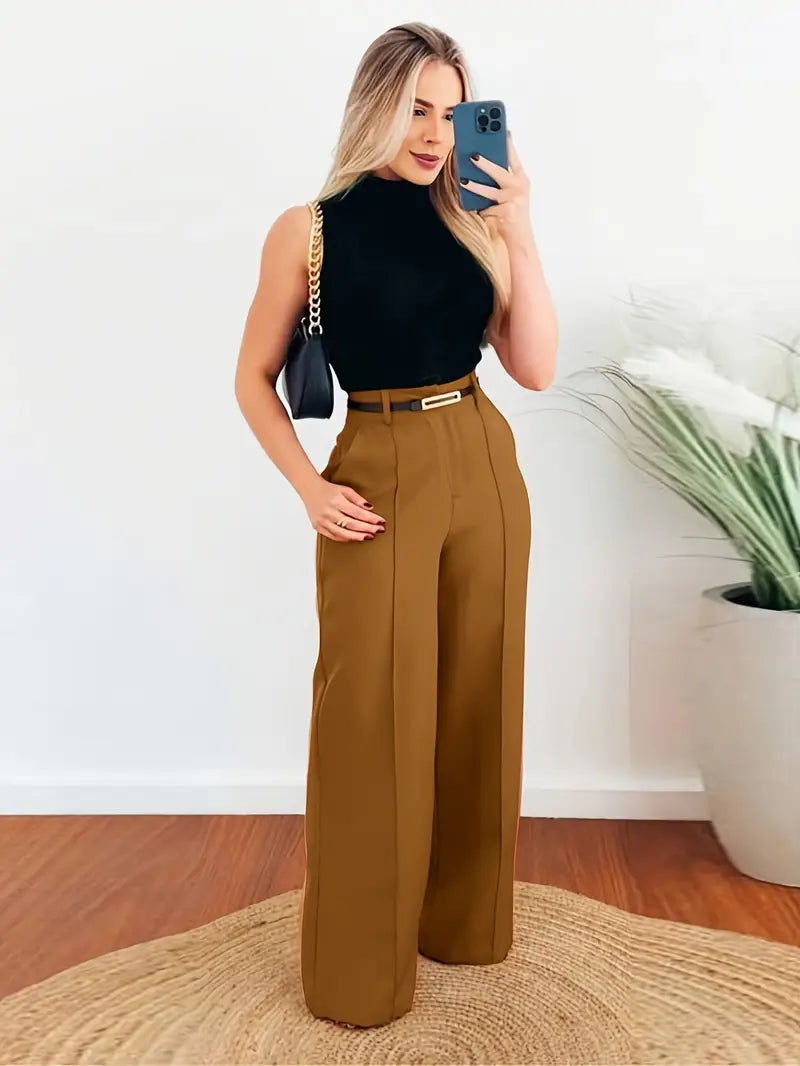 Summer Sleeveless Stand-Up Collar Top & High-Waist Belted Pant Set — Lightweight 2-Piece Outfit for Elegant Warm-Weather Wear