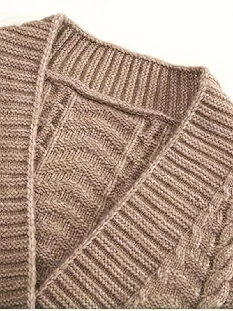 Loose-Fit Acrylic Knit Cardigan Coat — V-Neck, Long Sleeves, Patch Pockets, No Belt