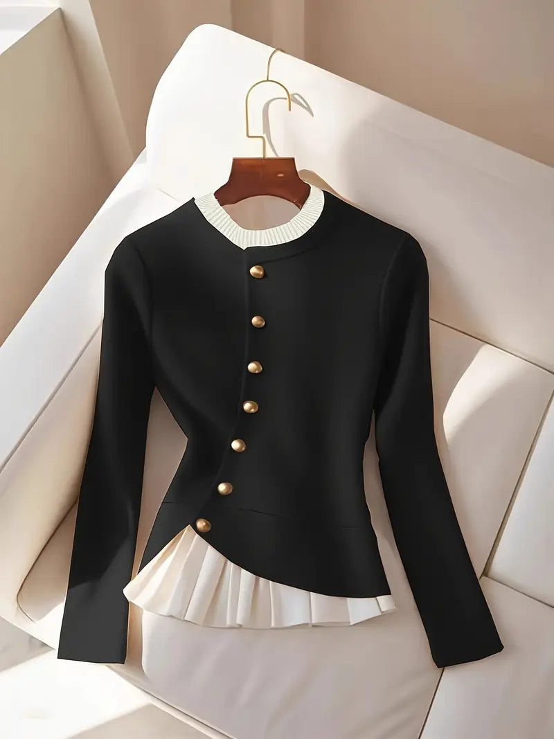 Women’s Elegant Beige Sweater – Soft Round Neck Pullover with Button Detailing