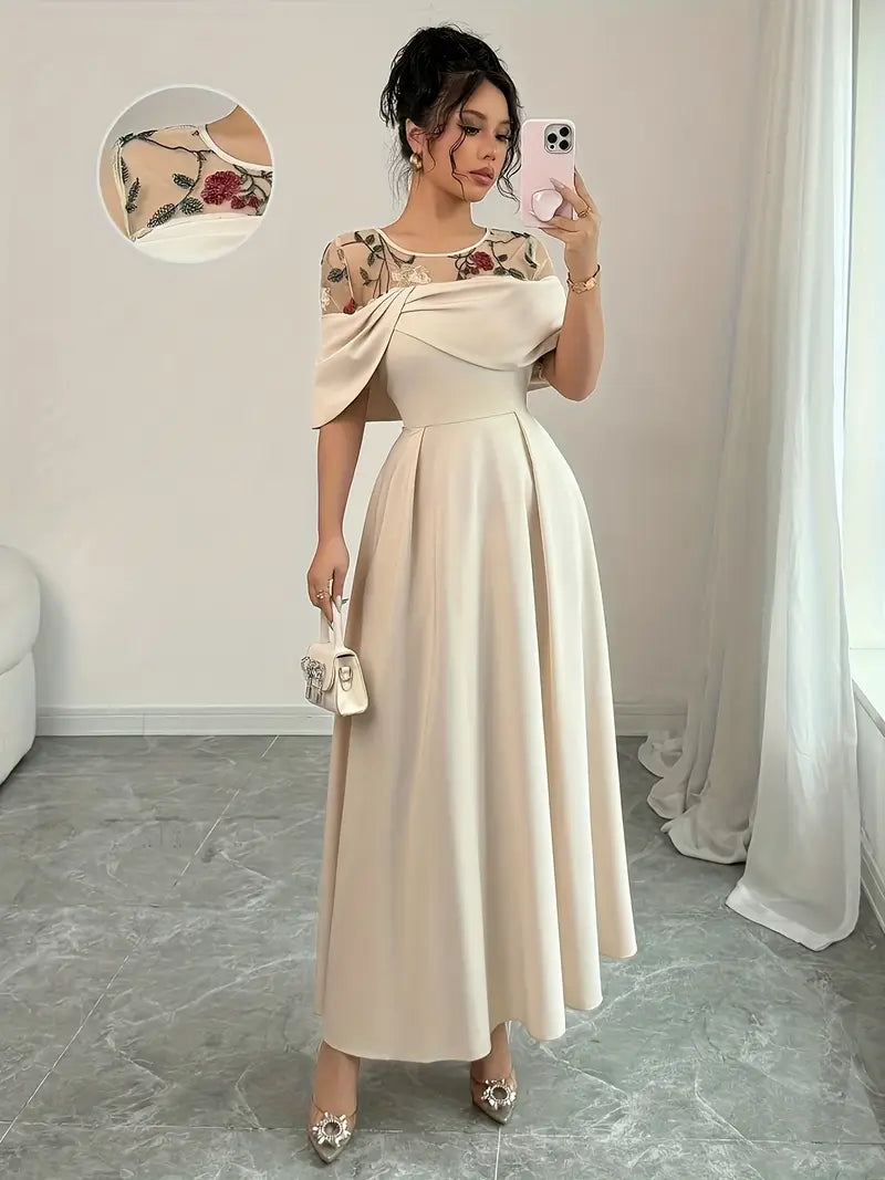 Elegant Beige A-Line Dress with Cinched Waist & Flared Skirt