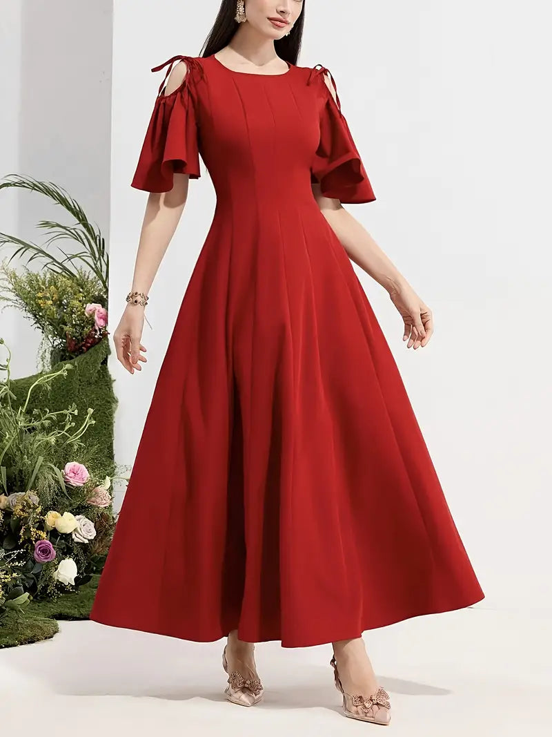 Vibrant Red A-Line Midi Dress with Round Neck & Puff Sleeves – Polyester Blend for Casual & Formal Elegance