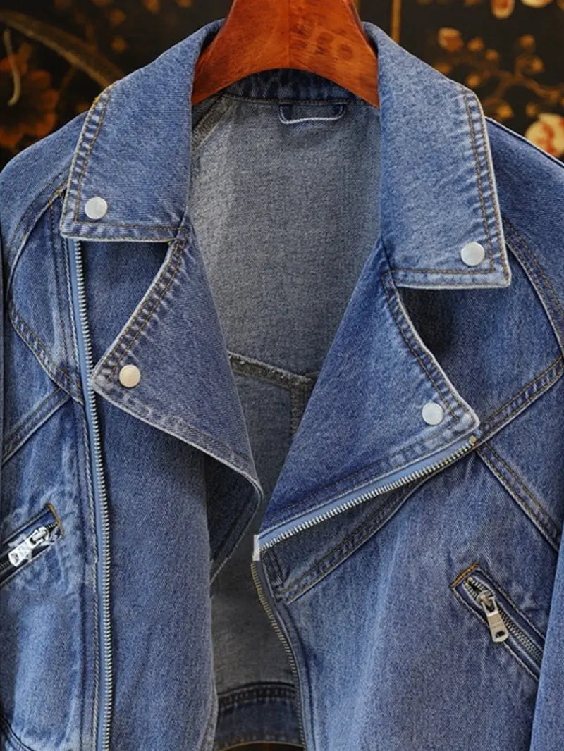 Motorcycle-Style Denim Jacket — Full Zip Lapel-Collar Winter Coat for Edgy Everyday Looks