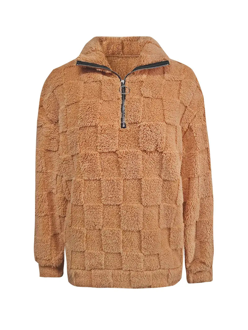 Elegant Double-Sided Fleece Zip-Up Sweatshirt – Checkered Winter Comfort Pullover