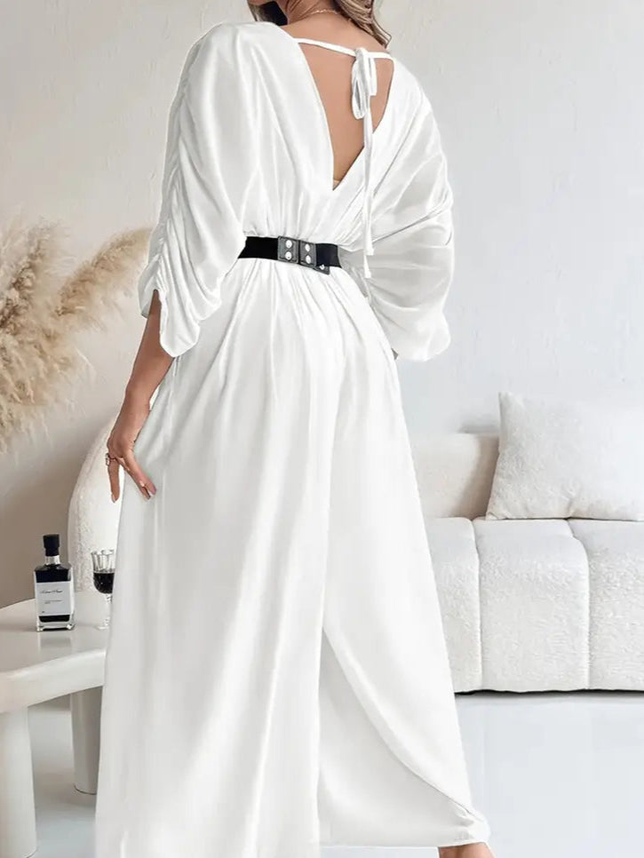 Elegant V-Neck Long-Sleeve Wide-Leg Jumpsuit with Tie-Back Detail