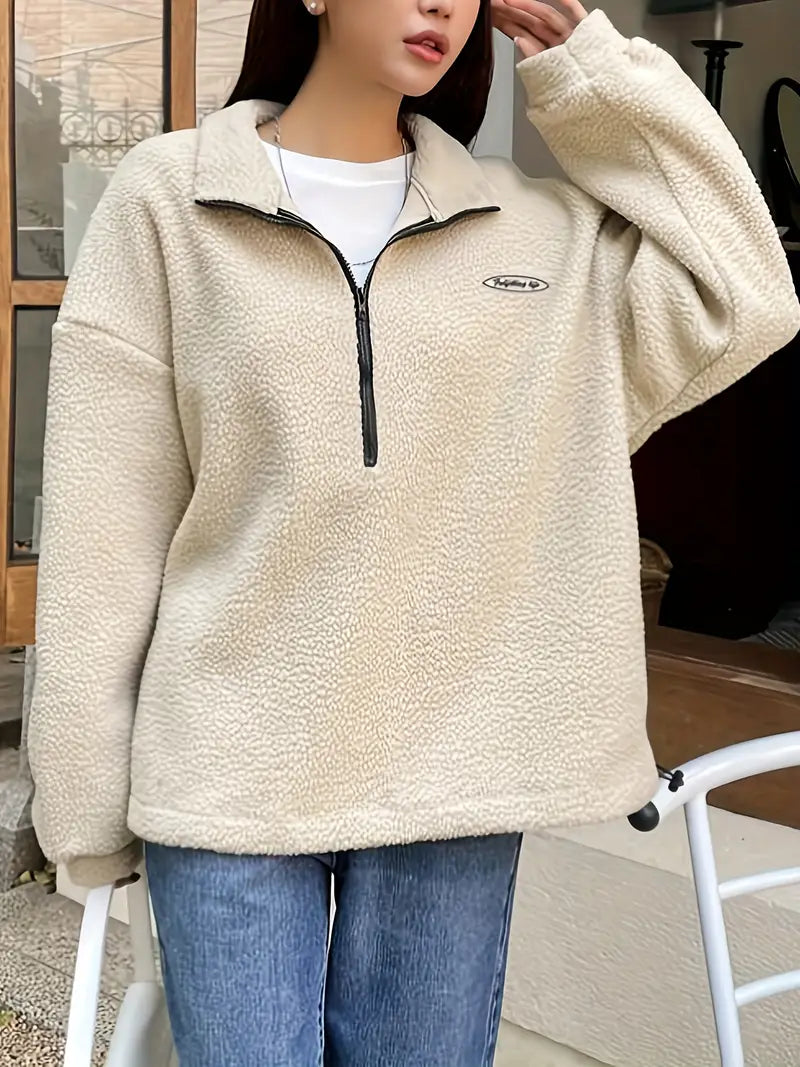 Front-Plush Half-Zip Pullover Sweatshirt — Cozy Long-Sleeve Casual Layer