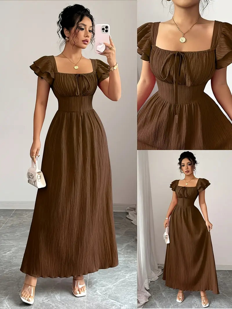 Pleated Square-Neck Dress with Bow-Front & Cinched Waist
