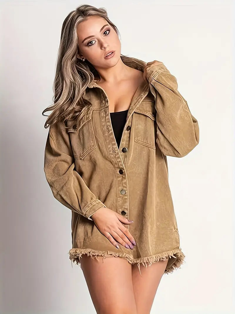 Oversized Fringe-Hem Denim Jacket – Western-Inspired Casual Outerwear for Women