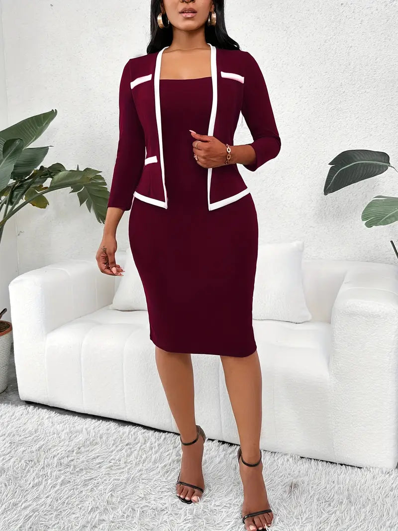 2-in-1 Contrast Trim Bodycon Dress – Elegant Long Sleeve Office & Formal Midi Dress for Modern Women