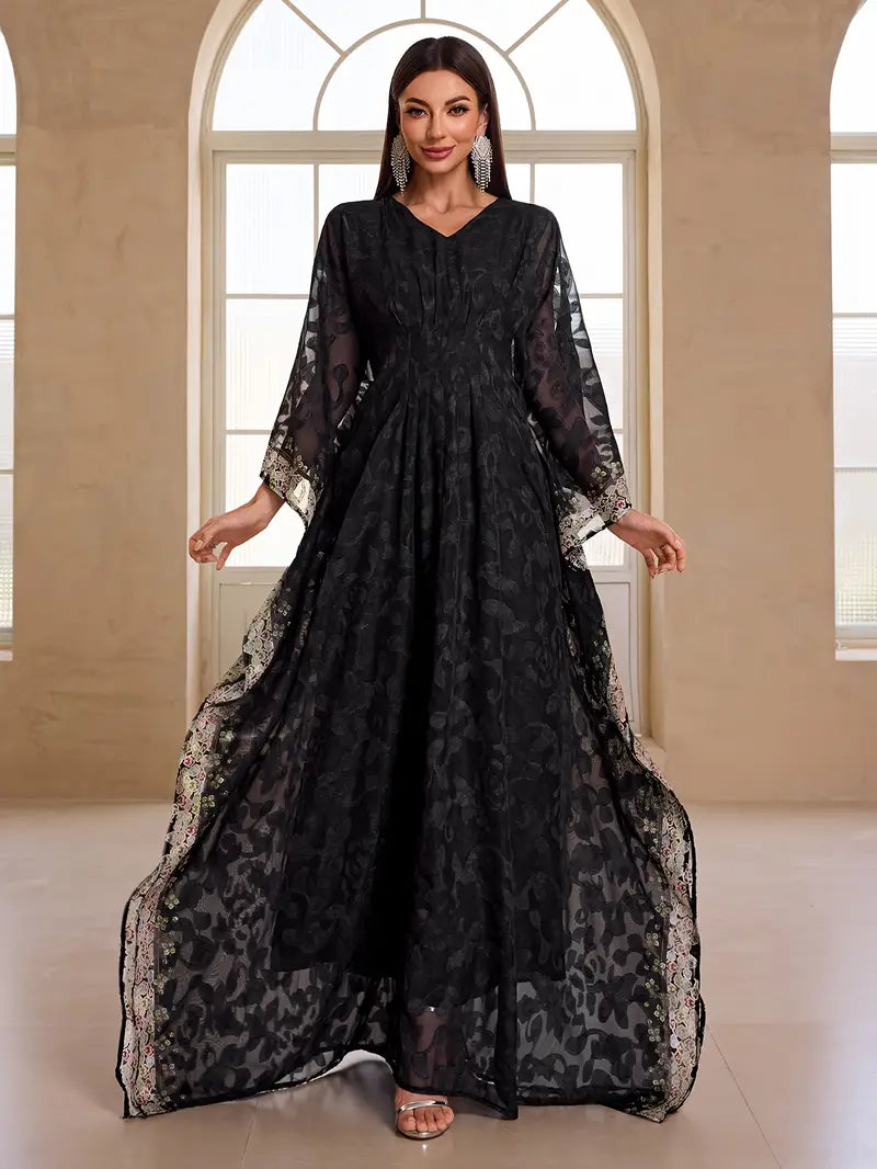 Elegant Cloud-Print Chiffon Two-Piece Party Set – Flowing V-Neck Top & Coordinated Skirt for Special Occasions