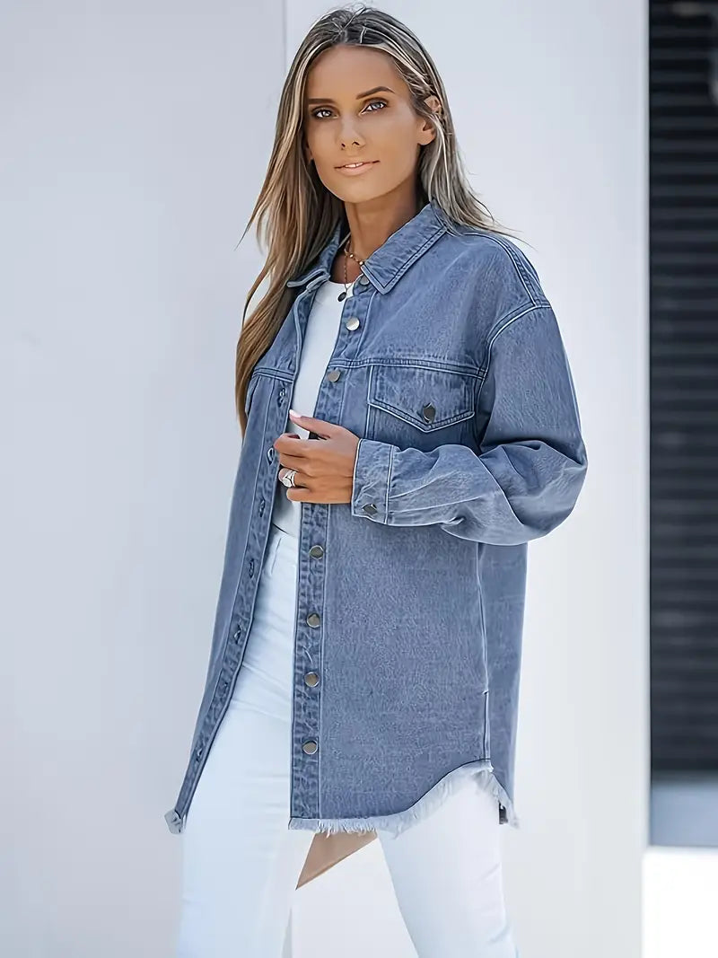 Oversized Fringe-Hem Denim Jacket – Western-Inspired Casual Outerwear for Women