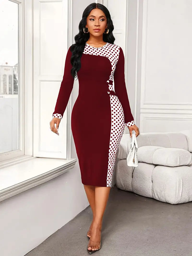 Elegant Polka Dot Bodycon Midi Dress with Button Detailing – Long Sleeve Knit Dress for Effortless Sophistication