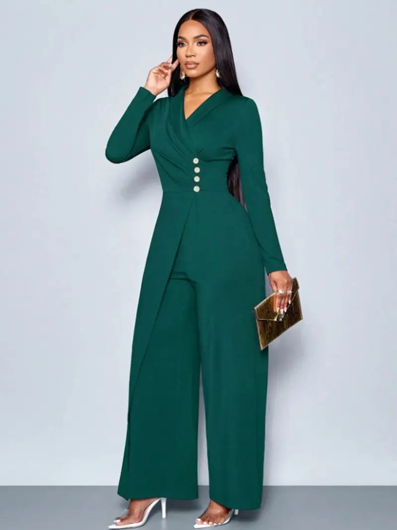 Elegant V-Neck Long-Sleeve Straight-Leg Jumpsuit for Spring & Autumn