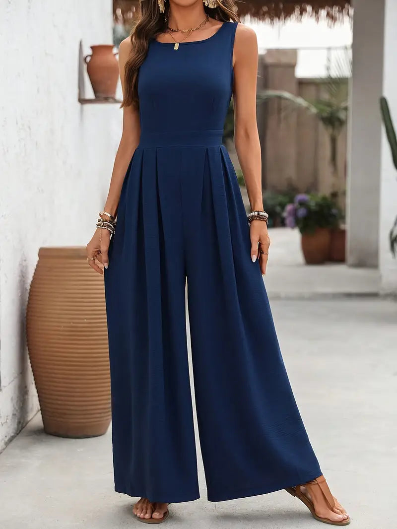 Navy Blue Sleeveless Pleated Wide-Leg Jumpsuit with Adjustable Straps