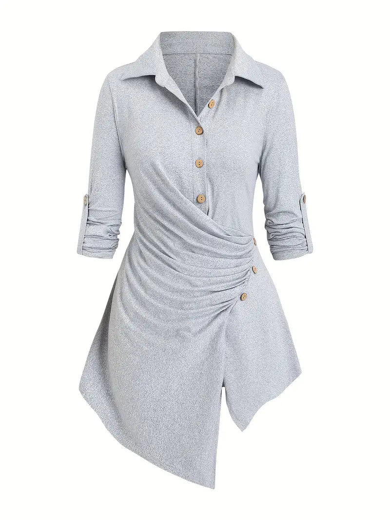 Women'S Casual Solid Color Long Sleeve Shirt with Adjustable Chest Ruching & Metal Eyelets