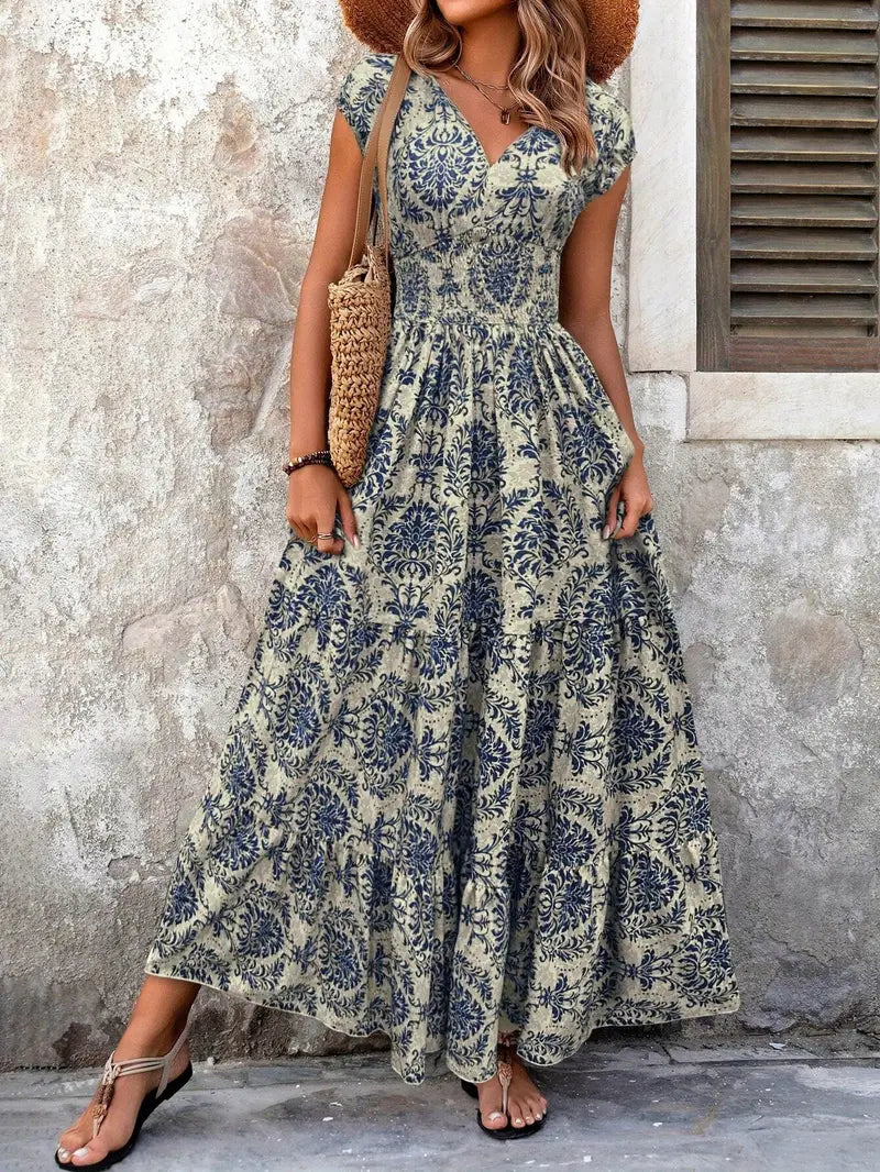 Elegant V-Neck Floral Maxi Dress – Green Summer A-Line Silhouette with Cinched Waist
