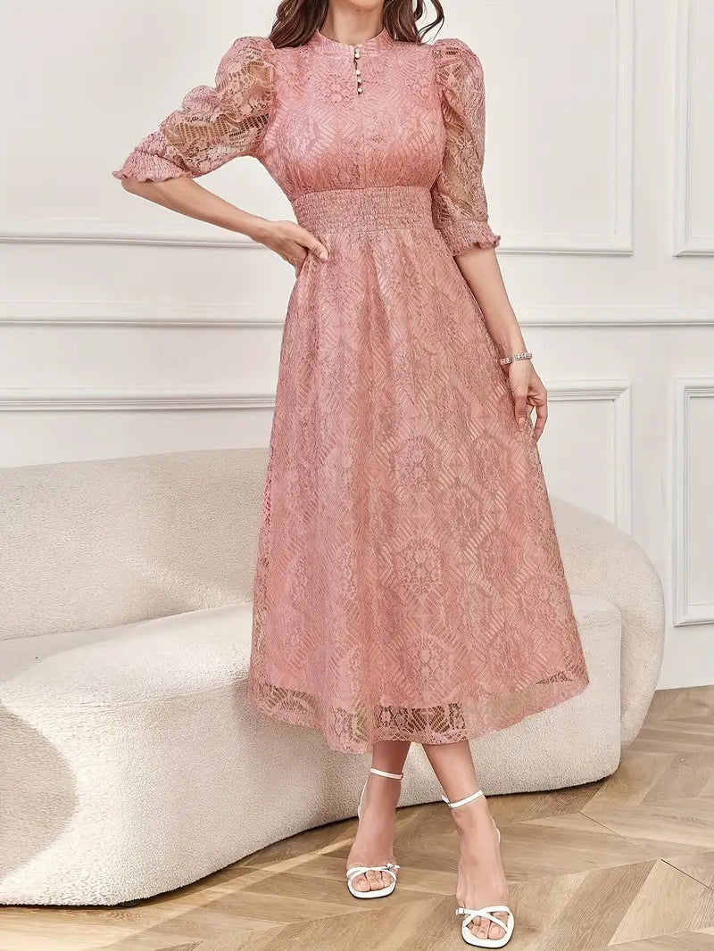 Stand-Collar Bubble-Sleeve Long Dress