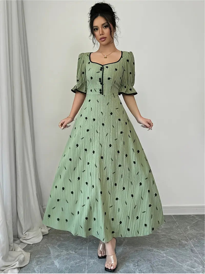 Elegant Floral Print Maxi Dress — Square Neck, Button Details & A-Line Silhouette