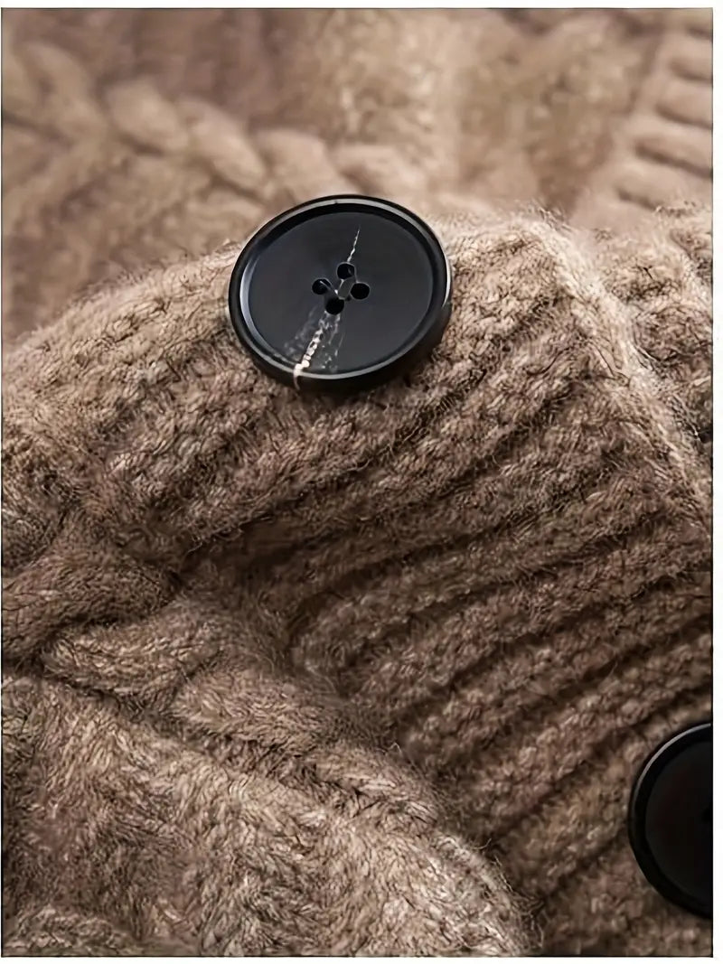 Loose-Fit Acrylic Knit Cardigan Coat — V-Neck, Long Sleeves, Patch Pockets, No Belt