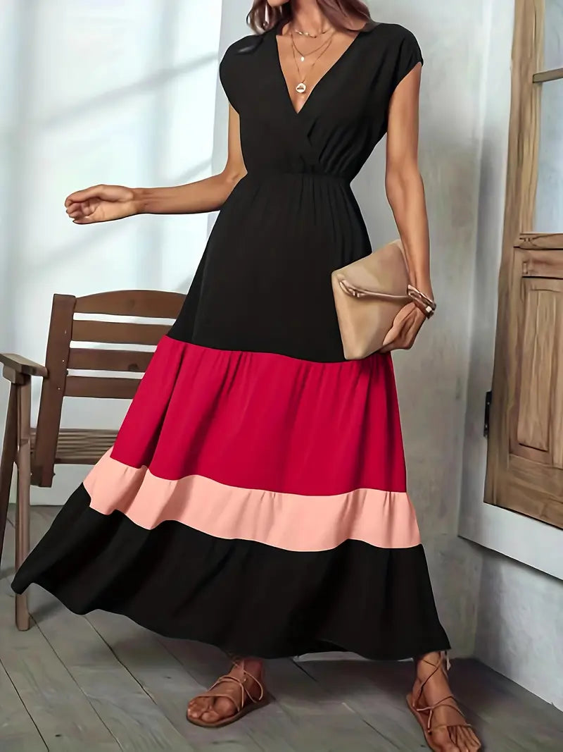Color-Block Surplice Neck Sleeveless Maxi Dress — Elegant Sleeveless A-Line Silhouette for Refined Dressing