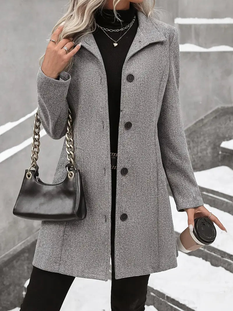 Elegant Gray Long Trench Coat – Classic Notch Lapel Winter Outerwear for Effortless Sophistication