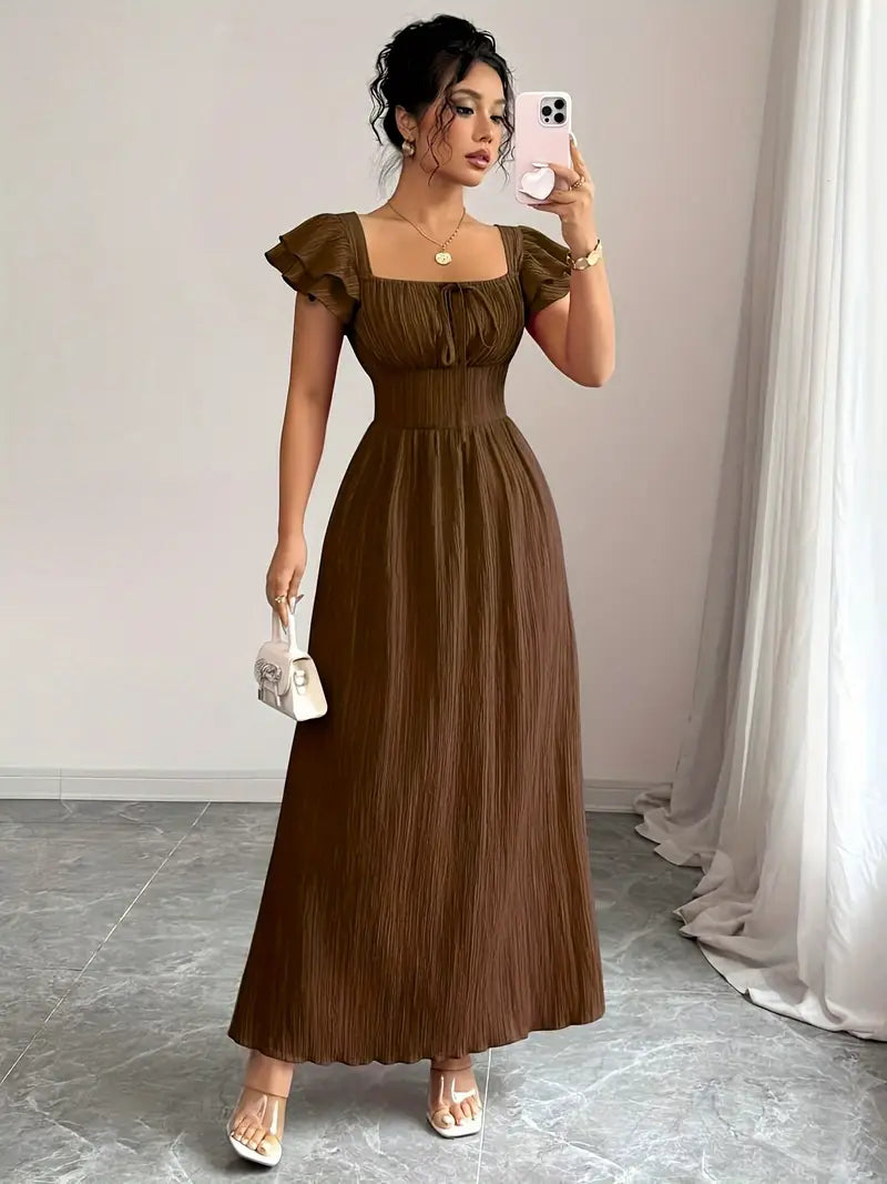 Pleated Square-Neck Dress with Bow-Front & Cinched Waist