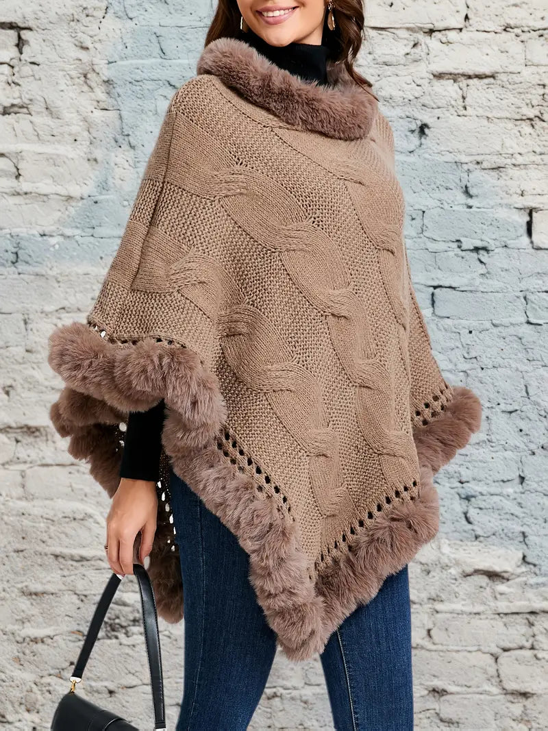 Women’s Elegant Crochet Pullover Sweater – 3-Layer Fur-Lined Knit, Solid Color, Warm Winter Design with Eyelet Details