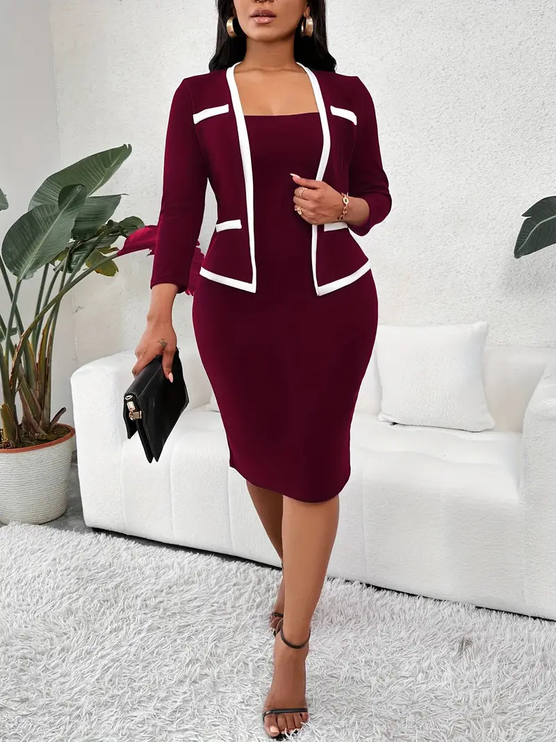 2-in-1 Contrast Trim Bodycon Dress – Elegant Long Sleeve Office & Formal Midi Dress for Modern Women