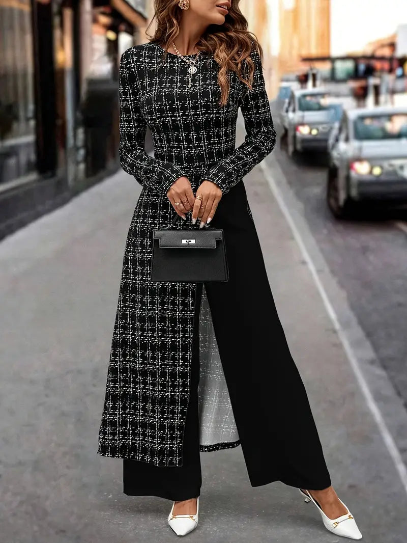 Vintage-Inspired Black & White Checkered Jumpsuit with Asymmetrical Design