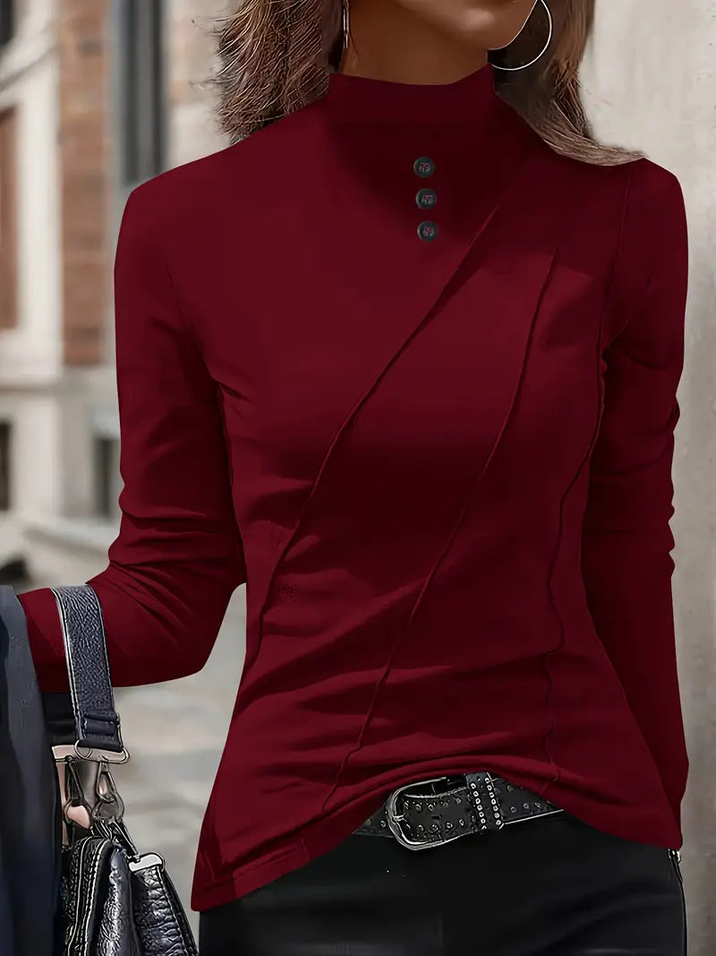 Elegant Long-Sleeve High-Neck Top with Decorative Buttons