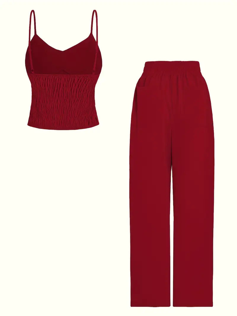 Elegant Off-Shoulder V-Neck Belted Suit Set for Women — 3/4 Sleeve Solid Color Ensemble in Lightweight Fabric