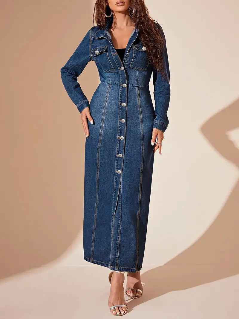 Classic Long Denim Coat – Elegant Button-Front Longline Jacket for Effortless Layering