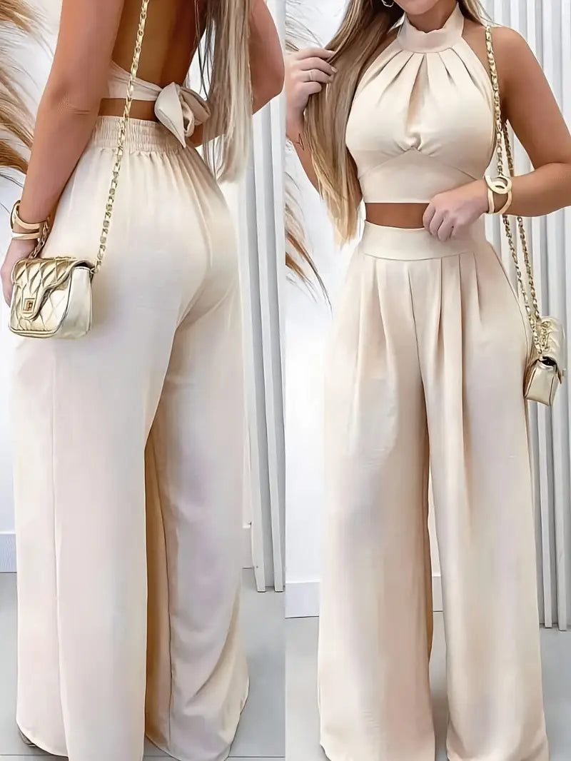 Elegant Two-Piece Long-Sleeve Blazer & Wide-Leg Pants Suit — Refined Neutral Set for Polished Work and Evening Looks