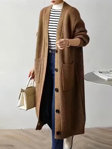 Chic Longline V-Neck Knit Cardigan Coat with Pockets — Solid Color Polyester Sweater Coat