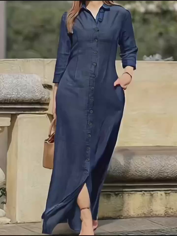 Button-Front Long-Sleeve Collared Maxi Dress — Solid Color, Casual & Versatile