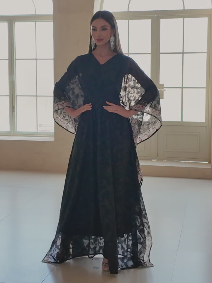 Elegant Cloud-Print Chiffon Two-Piece Party Set – Flowing V-Neck Top & Coordinated Skirt for Special Occasions